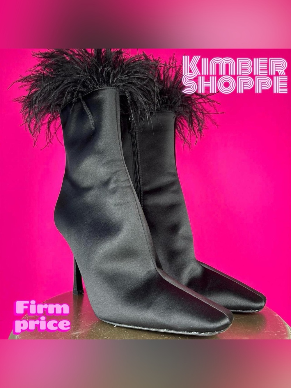 RAYE Avenue Black Satin Ostrich Feather Trim Stiletto Heel Boot US 10